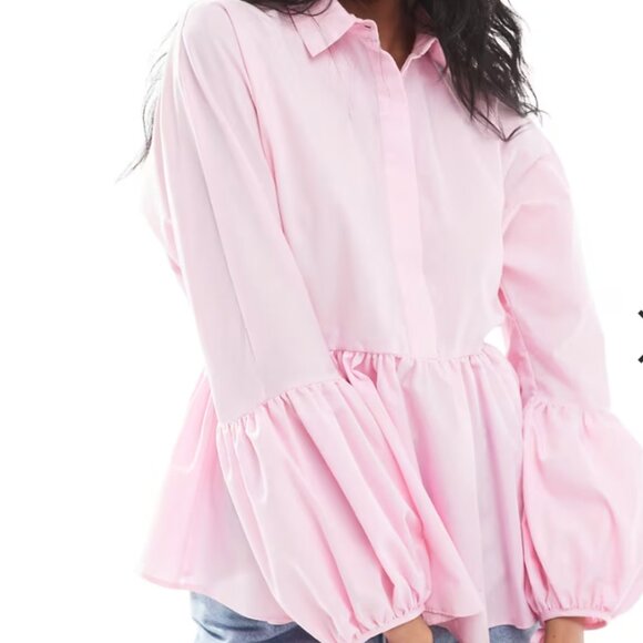 ASOS DESIGN dropped waist peplum shirt in light pink - Picture 1 of 3
